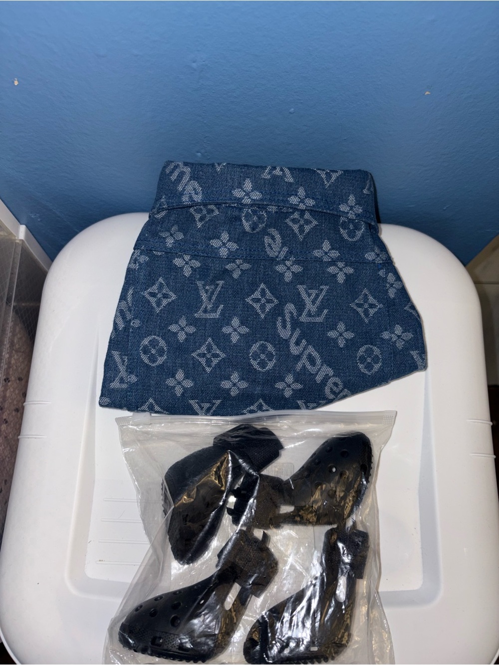LV Supreme Logo Doggy Denim Jacket With Pup Crocs Design Booties